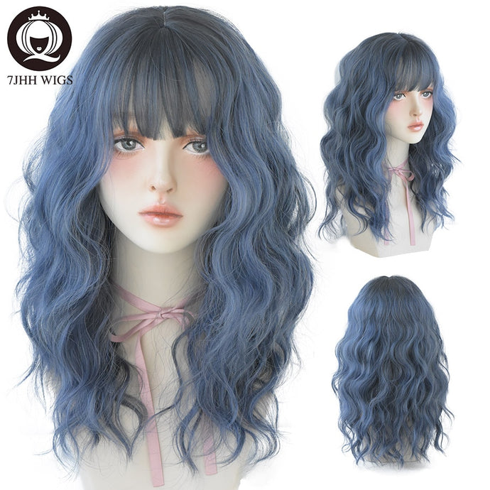 7JHH WIGS Blue Deep Wave Wig With Bangs For Women Long Blue Hair Layered Heat Resistant Cosplay Party Synthetic Wig