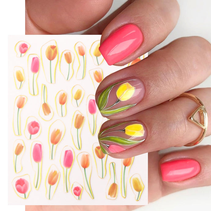 Gold Line Tulips Nail Art Stickers 3D Flowers Bouquet Design Floral Leaf Self Adhesive Slider Manicure Decoration Decal LYSW-F11